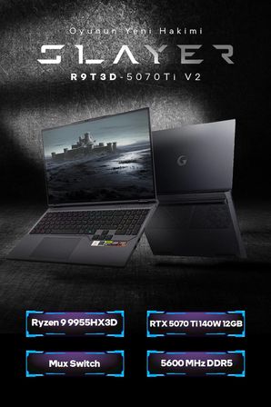 Game Garaj Slayer R9T3D-5070Ti V2 C6 AMD Ryzen 9 9955HX3D 64GB RAM 2TB SSD RTX5070Ti 16" 300Hz QHD+ IPS FreeDOS Gaming Laptop