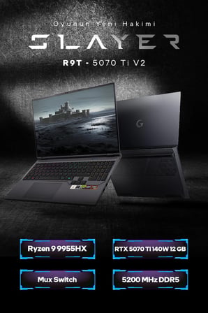 Game Garaj Slayer R9T-5070Ti V2 C4 AMD Ryzen 9 9955HX 32GB RAM 1TB SSD RTX5070Ti 16" 300Hz QHD+ IPS FreeDOS Gaming Laptop