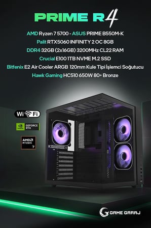Game Garaj Prime R4 AMD R7 5700 RTX5060 32GB RAM 1TB SSD FreeDOS Oyuncu OEM Paket