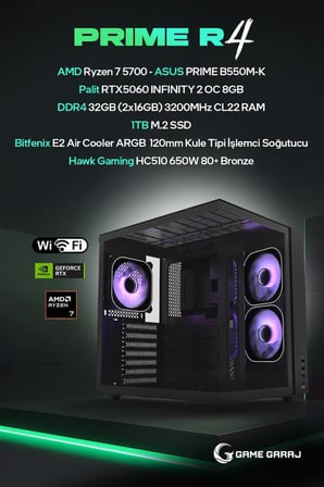 Game Garaj Prime R4 AMD R7 5700 RTX5060 32GB RAM 1TB SSD FreeDOS Oyuncu OEM Paket