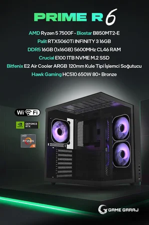 Game Garaj Prime R6 AMD R5 7500F 16GB RTX5060Ti 16GB RAM 1TB SSD FreeDOS Oyuncu OEM Paket