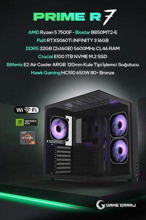 Game Garaj Prime R7 AMD R5 7500F 16GB RTX5060Ti 32GB RAM 1TB SSD FreeDOS Oyuncu OEM Paket