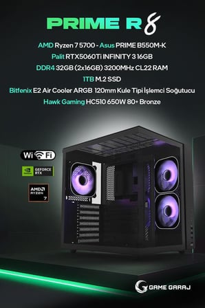 Game Garaj Prime R8 AMD R7 5700 16GB RTX5060Ti 32GB RAM 1TB SSD FreeDOS Oyuncu OEM Paket