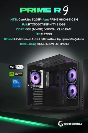 Game Garaj Prime R9 Intel U5 225F 16GB RTX5060Ti 16GB RAM 1TB SSD FreeDOS Oyuncu OEM Paket