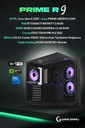 Game Garaj Prime R9 Intel U5 225F 16GB RTX5060Ti 16GB RAM 1TB SSD FreeDOS Oyuncu OEM Paket