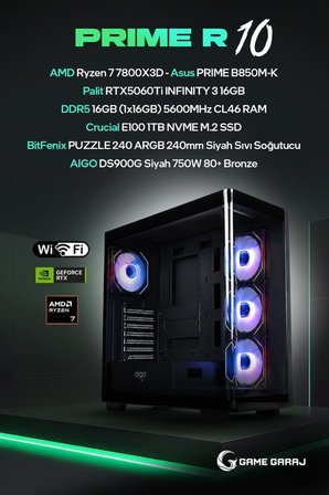 Game Garaj Prime R10 AMD R7 7800X3D 16GB RTX5060Ti 16GB RAM 1TB SSD 240mm Sıvı Soğt FreeDOS Oyuncu OEM Paket