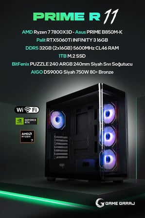 Game Garaj Prime R11 AMD R7 7800X3D 16GB RTX5060Ti 32GB RAM 1TB SSD 240mm Sıvı Soğt FreeDOS Oyuncu OEM Paket