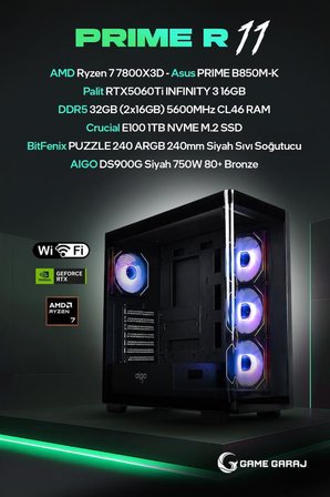 Game Garaj Prime R11 AMD R7 7800X3D 16GB RTX5060Ti 32GB RAM 1TB SSD 240mm Sıvı Soğt FreeDOS Oyuncu OEM Paket