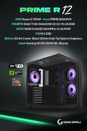 Game Garaj Prime R12 AMD R5 7500F 8GB RTX5060Ti 16GB RAM 1TB SSD FreeDOS Oyuncu OEM Paket