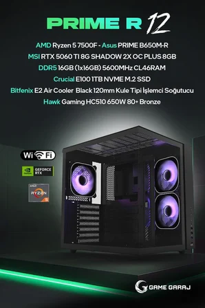 Game Garaj Prime R12 AMD R5 7500F 8GB RTX5060Ti 16GB RAM 1TB SSD FreeDOS Oyuncu OEM Paket