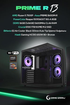Game Garaj Prime R13 AMD R5 7500F 8GB RX9060XT 16GB RAM 1TB SSD FreeDOS Oyuncu OEM Paket