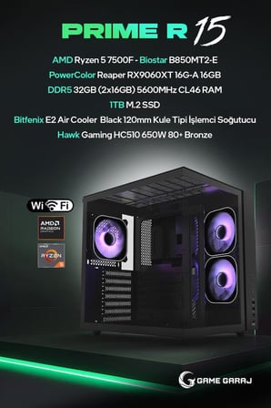 Game Garaj Prime R15 AMD R5 7500F 16GB RX9060XT 32GB RAM 1TB SSD FreeDOS Oyuncu OEM Paket