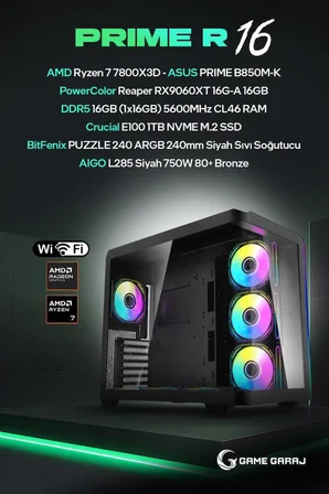 Game Garaj Prime R16 AMD R7 7800X3D 16GB RX9060XT 16GB RAM 1TB SSD 240mm Sıvı Soğt FreeDOS Oyuncu OEM Paket