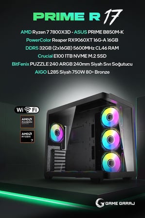Game Garaj Prime R17 AMD R7 7800X3D 16GB RX9060XT 32GB RAM 1TB SSD 240mm Sıvı Soğt FreeDOS Oyuncu OEM Paket