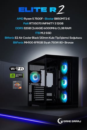 Game Garaj Elite R2 AMD R5 7500F RTX5070 32GB RAM 1TB SSD FreeDOS Oyuncu OEM Paket