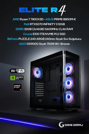 Game Garaj Elite R4 AMD R7 7800X3D RTX5070 32GB RAM 1TB SSD 240mm Sıvı Soğt FreeDOS Oyuncu OEM Paket