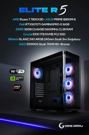 Game Garaj Elite R5 AMD R7 7800X3D RTX5070Ti 32GB RAM 1TB SSD 240mm Sıvı Soğt FreeDOS Oyuncu OEM Paket