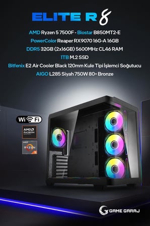 Game Garaj Elite R8 AMD R5 7500F RX9070 32GB RAM 1TB SSD FreeDOS Oyuncu OEM Paket