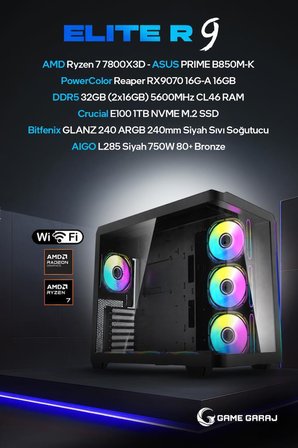 Game Garaj Elite R9 AMD R7 7800X3D RX9070 32GB RAM 1TB SSD 240mm Sıvı Soğt FreeDOS Oyuncu OEM Paket