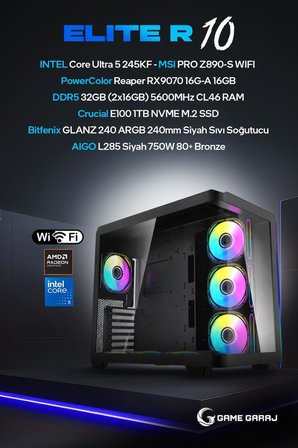 Game Garaj Elite R10 Intel U5 245KF RX9070 32GB RAM 1TB SSD 240mm Sıvı Soğt FreeDOS Oyuncu OEM Paket