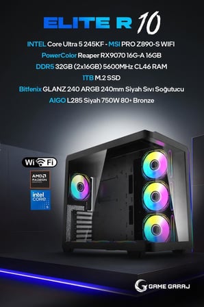 Game Garaj Elite R10 Intel U5 245KF RX9070 32GB RAM 1TB SSD 240mm Sıvı Soğt FreeDOS Oyuncu OEM Paket