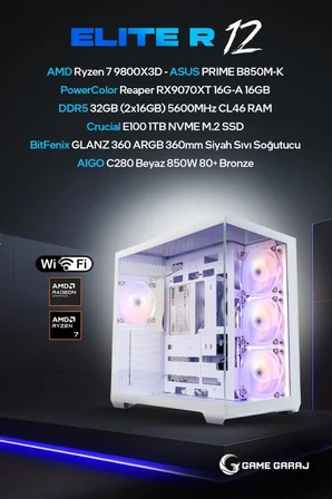 Game Garaj Elite R12 AMD R7 9800X3D RX9070XT 32GB RAM 1TB SSD 360mm Sıvı Soğt FreeDOS Oyuncu OEM Paket