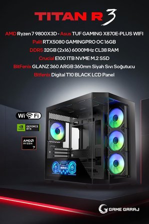 Game Garaj Titan R3 AMD R7 9800X3D RTX5080 32GB RAM 1TB SSD 360mm Sıvı Soğt FreeDOS Oyuncu OEM Paket