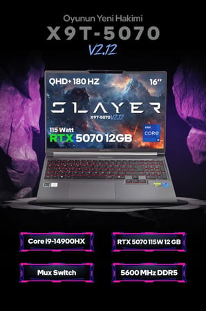 Game Garaj Slayer X9T-5070 V2.12 C6 Intel Core i9 14900HX 32GB RAM 1TB SSD RTX5070 16" 180Hz QHD+ IPS FreeDOS Gaming Laptop