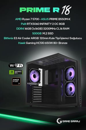 Game Garaj Prime R18 AMD R7 5700 RTX5060 16GB RAM 500GB SSD FreeDOS Oyuncu OEM Paket