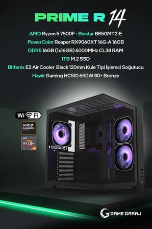 Game Garaj Prime R22 AMD R5 7500F 16GB RX9060XT 16GB RAM 1TB SSD FreeDOS Oyuncu OEM Paket