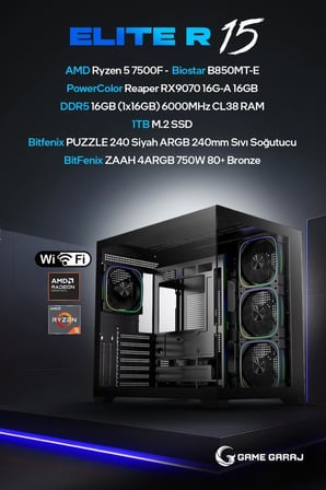 Game Garaj Elite R15 AMD R5 7500F RX9070 16GB RAM 1TB SSD 240mm Sıvı Soğt FreeDOS Oyuncu OEM Paket