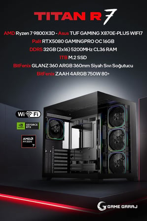 Game Garaj Titan R7 AMD R7 9800X3D RTX5080 32GB RAM 1TB SSD 360mm Sıvı Soğt FreeDOS Oyuncu OEM Paket