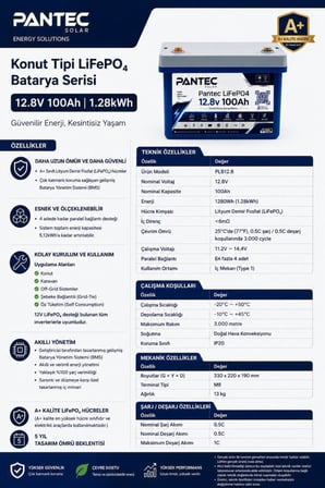Pantec 12.8V 100Ah 1.28kWh LiFePO4 Lityum Akü