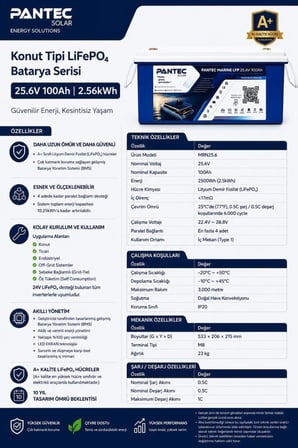 Pantec Marine 25.6V 100Ah 2.56kWh LiFePO4 Lityum Akü