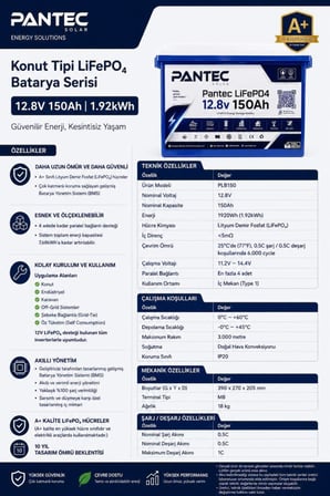 Pantec 12.8V 150Ah 1.92kWh LiFePO4 Lityum Akü