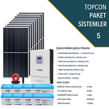 Güneş Enerjisi Bağevi Hazır Solar Paket - 6.2Kw Mppt Akıllı İnverter + 9X 600W Güneş Paneli+ 8X 12V 210Ah Jel Akü