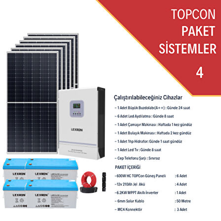 Güneş Enerjisi Bağevi Hazır Solar Paket - 6.2Kw Mppt Akıllı İnverter + 6X 600W Güneş Paneli+ 4X 12V 210Ah Jel Akü