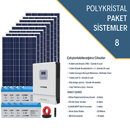 Güneş Enerjisi Bağevi Hazır Solar Paket  - 6.2Kw Mppt Akıllı İnverter + 8X 295W Polykristal Güneş Paneli+ 8X 12V 105Ah Jel Akü