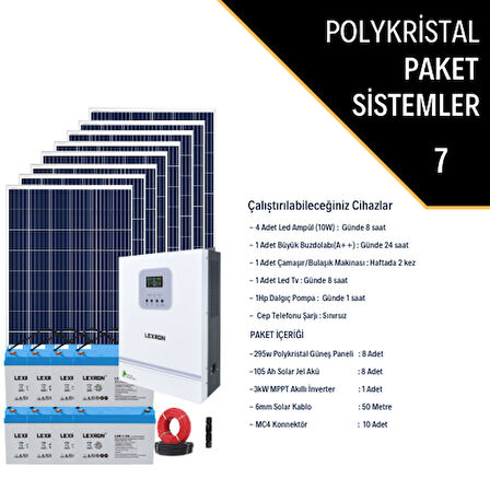 Güneş Enerjisi Bağevi Hazır Solar Paket  - 3Kw Mppt Akıllı İnverter + 8X 295W Polykristal Güneş Paneli+ 8X 12V 105Ah Jel Akü