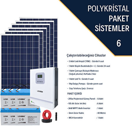 Güneş Enerjisi Bağevi Hazır Solar Paket  - 3Kw Mppt Akıllı İnverter + 6X 295W Polykristal Güneş Paneli+ 6X 12V 105Ah Jel Akü
