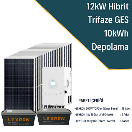 Güneş Enerjisi Hibrit Solar Paket 12Kw Trifaze İnverter + 18X 600W Güneş Paneli + 2X 48V 100Ah Lityum Akü