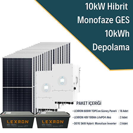 Güneş Enerjisi Hibrit Solar Paket 2X 5Kw Monofaze İnverter + 18X 600W Güneş Paneli + 2X 48V 100Ah Lityum Akü