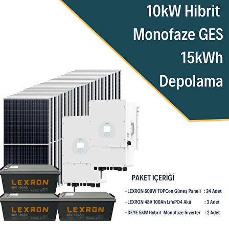 Güneş Enerjisi Hibrit Solar Paket 2X 5Kw Monofaze İnverter + 24X 600W Güneş Paneli + 3X 48V 100Ah Lityum Akü
