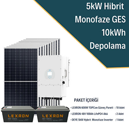 Güneş Enerjisi Hibrit Solar Paket 5Kw Monofaze İnverter + 10X 600W Güneş Paneli + 2X 48V 100Ah Lityum Akü
