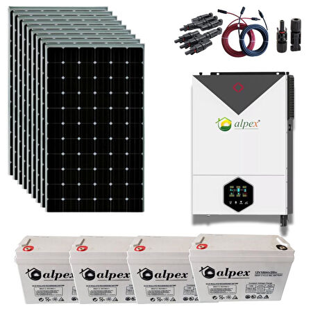 Güneş Enerjisi Bağ Evi  Solar Paketi – 6.2Kw Hibrit İnverter + 9X 410W Güneş Paneli + 4X 12V 100Ah Jel Akü