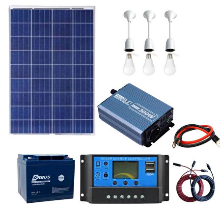Güneş Enerjisi TV+ Aydınlatma Paketi - 300W ModifiyeSinus İnverter + 1x 12V 105W Güneş Paneli +1x 12V 40AH Jel Akü