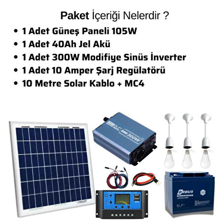 Güneş Enerjisi TV+ Aydınlatma Paketi - 300W ModifiyeSinus İnverter + 1x 12V 105W Güneş Paneli +1x 12V 40AH Jel Akü