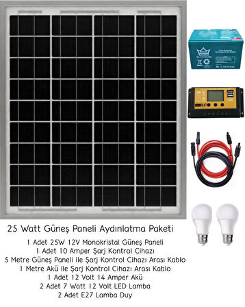 Güneş Enerjisi Aydınlatma Paketi – 1x 10AH Şarj Kontrol Cihazı + 1x 25W Güneş Paneli +1x 12V 14AH Akü