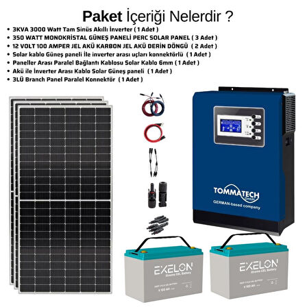Teknovasyon Arge Güneş Enerjisi Bağ Evi Solar Paketi 3KVA İnverter 350W Güneş Paneli 100AH Jel Akü