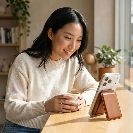 Magsafe Uyumlu Mıknatıslı Deri Cüzdan Kartlık Stand Özellikli Katlanabilir Telefon Cüzdanı Kahve